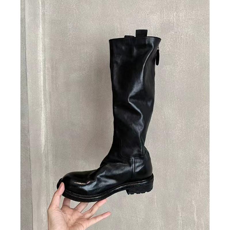 Cowhide Version~ Retro Pleated Thick-soled Long Knight Boots Women's Thin Leather High Boots