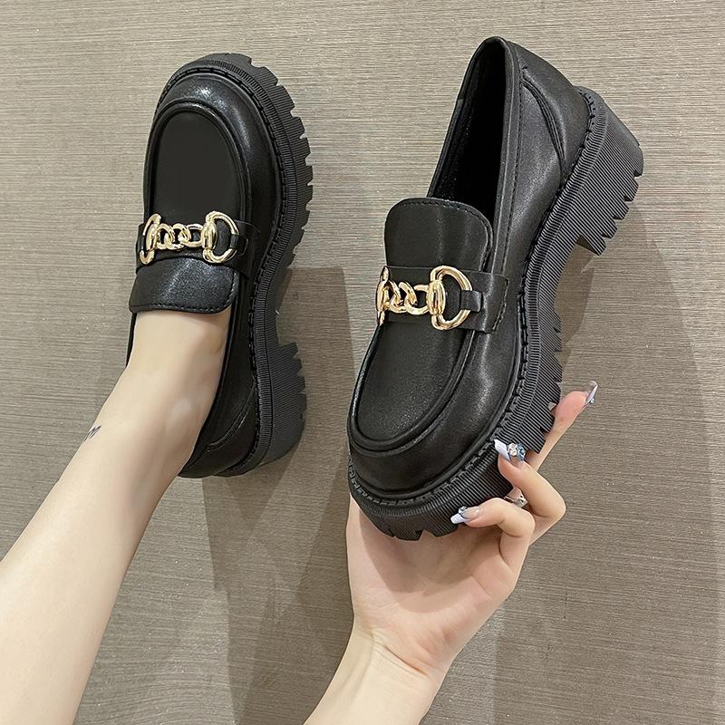 Platform thick heel small leather shoes British style new spring single shoes black