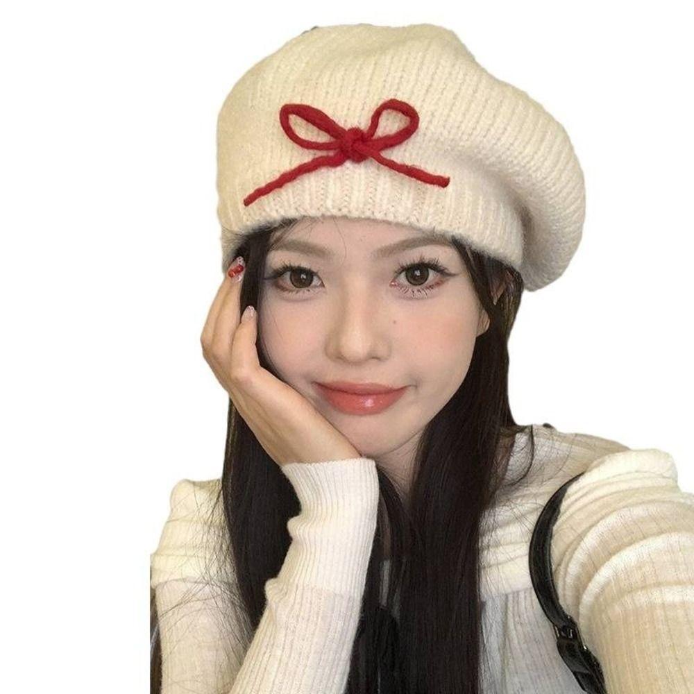 56-58cm Warm Fall Winter Hat Cold Proof Cotton Painter Beret Hat Bow Knitted Beret Hat For Women