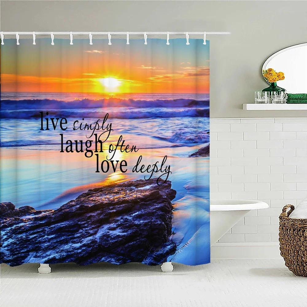 Sunlight Ocean Beach Fabric Shower Curtain Bathroom Curtains Sunset Dusk Sea Animal Dolphin Bath Screen with 12 Hooks 300x180