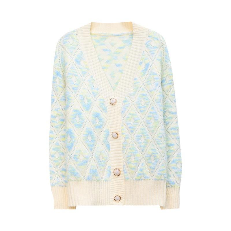 Knitted Cardigan Fall and Winter Casual V-neck Jacquard Long-sleeved Loose Knit Women's Sweater Comfortable Versatile and Fashionable