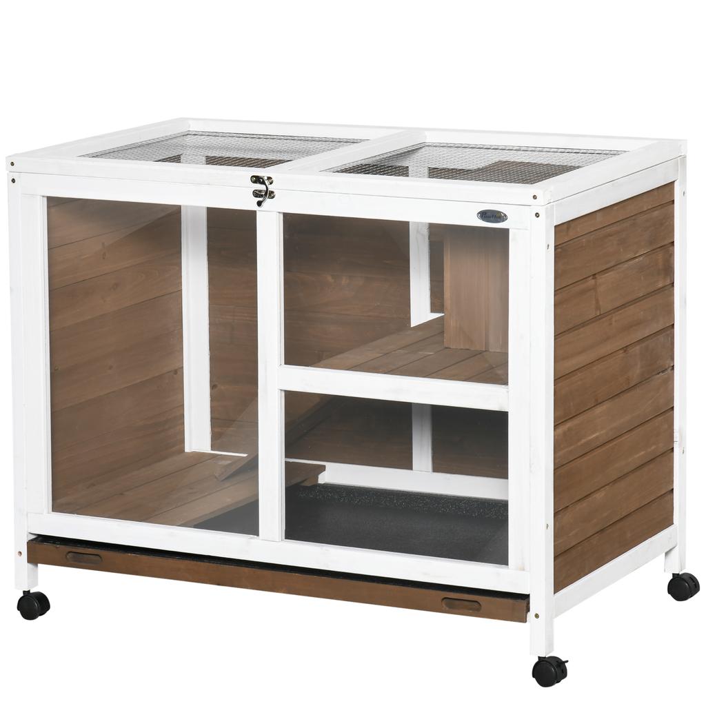Wooden Rabbit Hutch, Bunny Cage w/ Tray, Ramp, Openable Roof, Wheels, 91.5 x 53.3 x 73cm - Brown