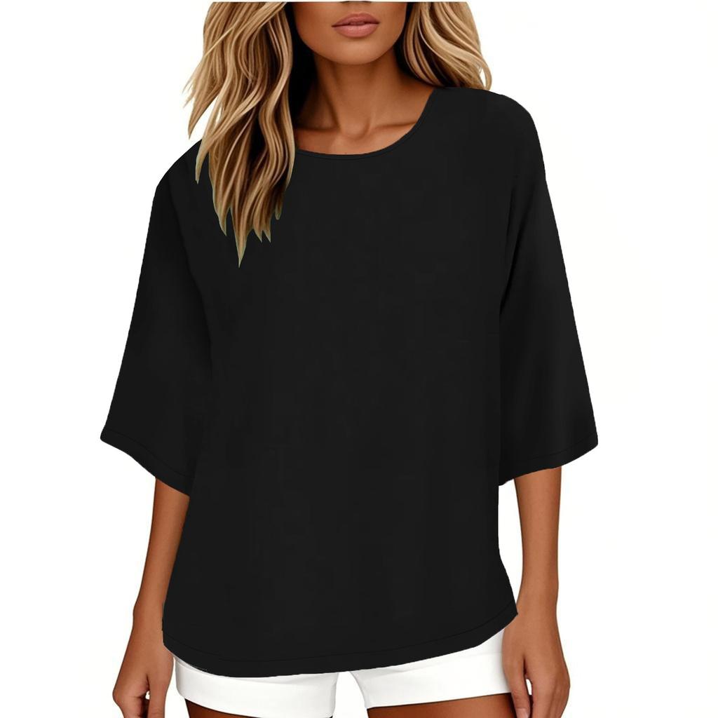 Damenmode Einfarbiges Lässiges T-Shirt Siebenärmel Rundhals Baumwoll-Top