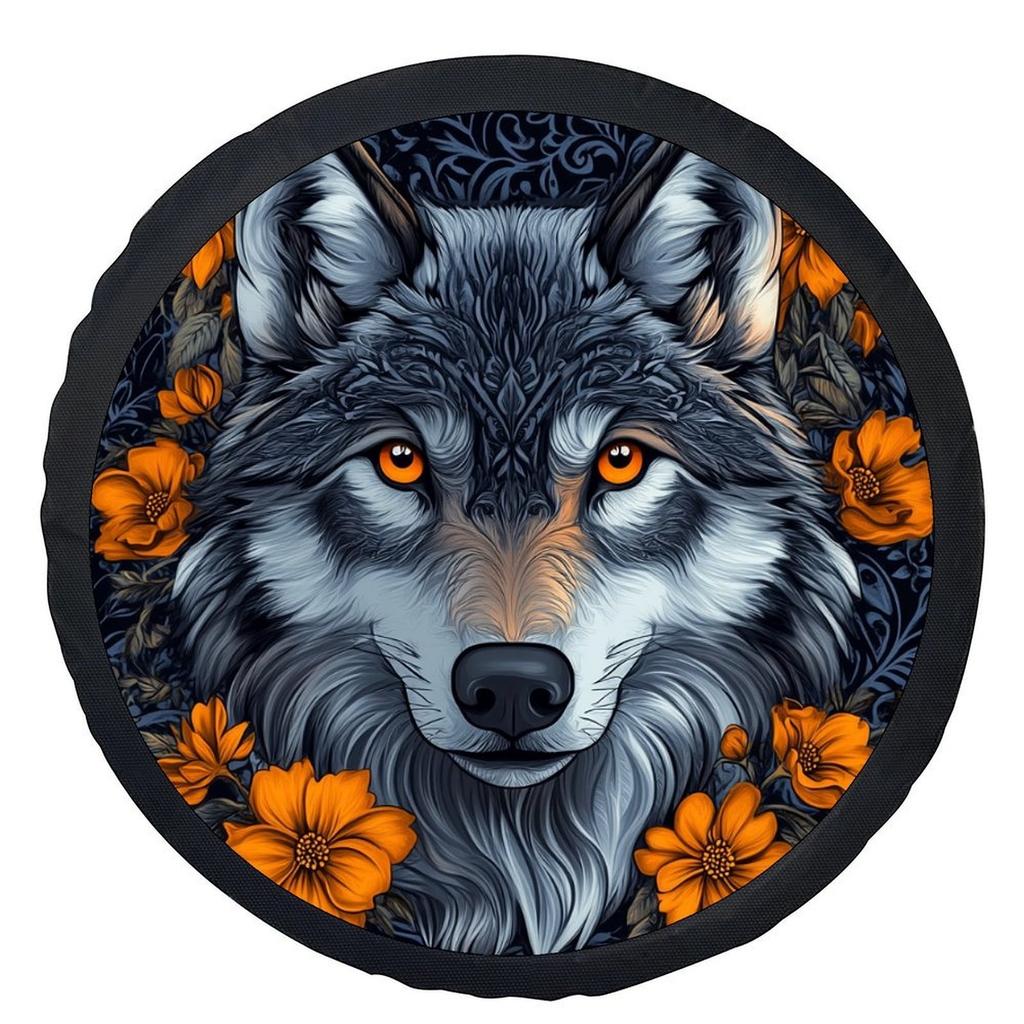 Single Piece Tire Cover Featuring A Wolf And Flowers Design, Stylish Universal Fit For Wheel Protection, Compatible With Most Ve