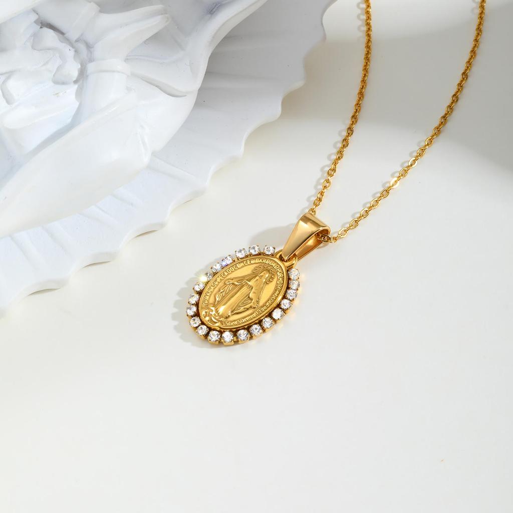 Personalized Zircon Virgin Mary Pendant Necklace for Women, Stainless Steel Gold Plated Necklace,Religious Prayer Amulet Jewelry