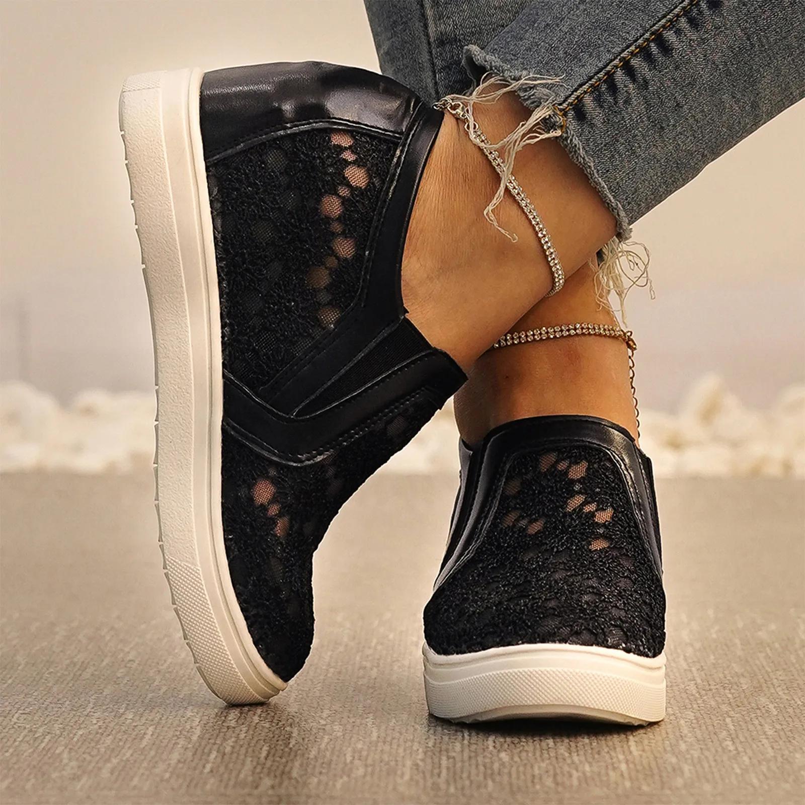 Модные женские кроссовки с кружевным цветочным узором на танкетке — фото 7