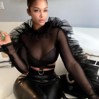 Women's Sexy Black Blouse Shirt Long Sleeve Round Neck Mesh Splicing See Through Tie Personalized T Shirt Club Party Tops