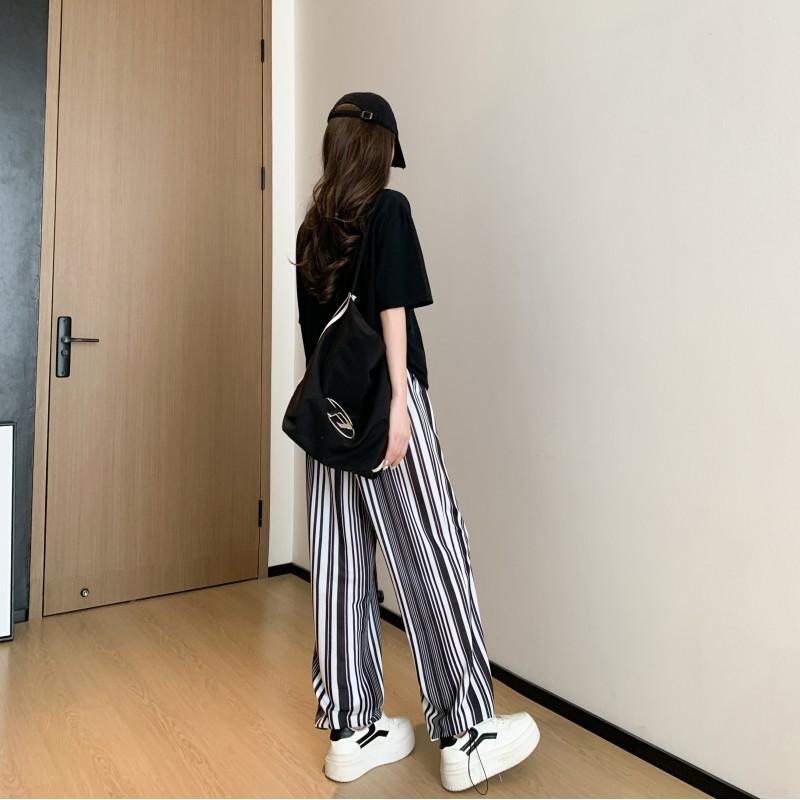 Printed ice Silk Cool Wide Leg Pants Women's Summer Thin New High Waist Drop Tie Sports Casual Pants