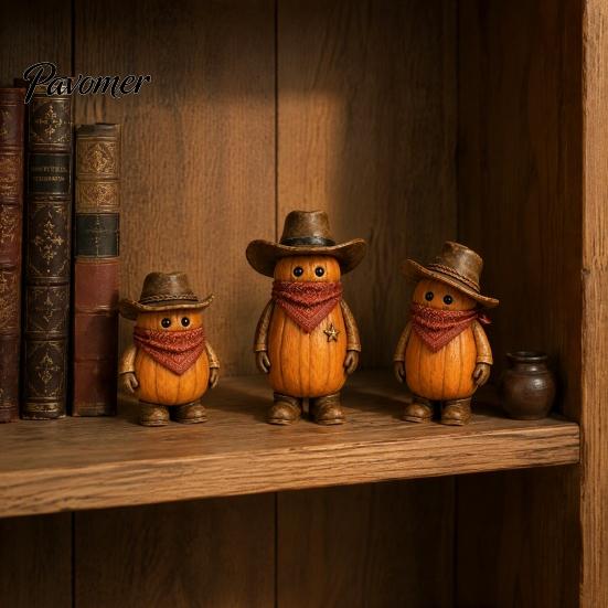 Kids Room Holiday Decor 3PCS Western Cowboy Pumpkin Figurine, Retro Man Statues with Hat, Cute Plastic Figurines Fall Thanksgiving Halloween Tabletop