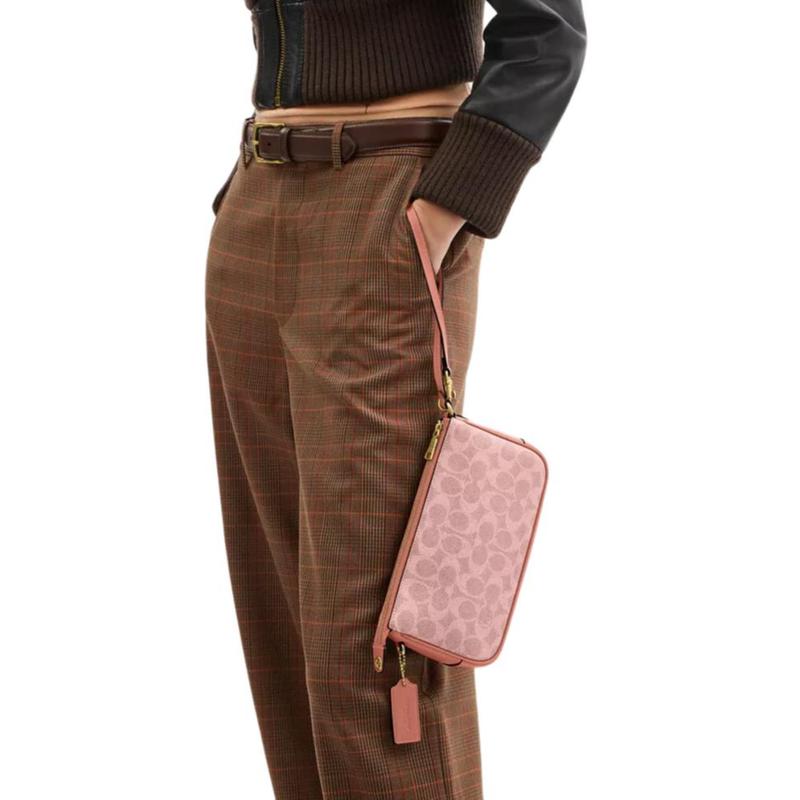 COACH Plaza 21 Printed Design Gold Chain Hardware Coated Canvas and Calfskin Shoulder Bag Small Women’s Melon Pink