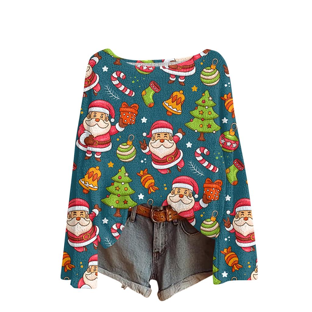Women's Fashionable Oversized Knitwear Long-Sleeved Christmas Print Top