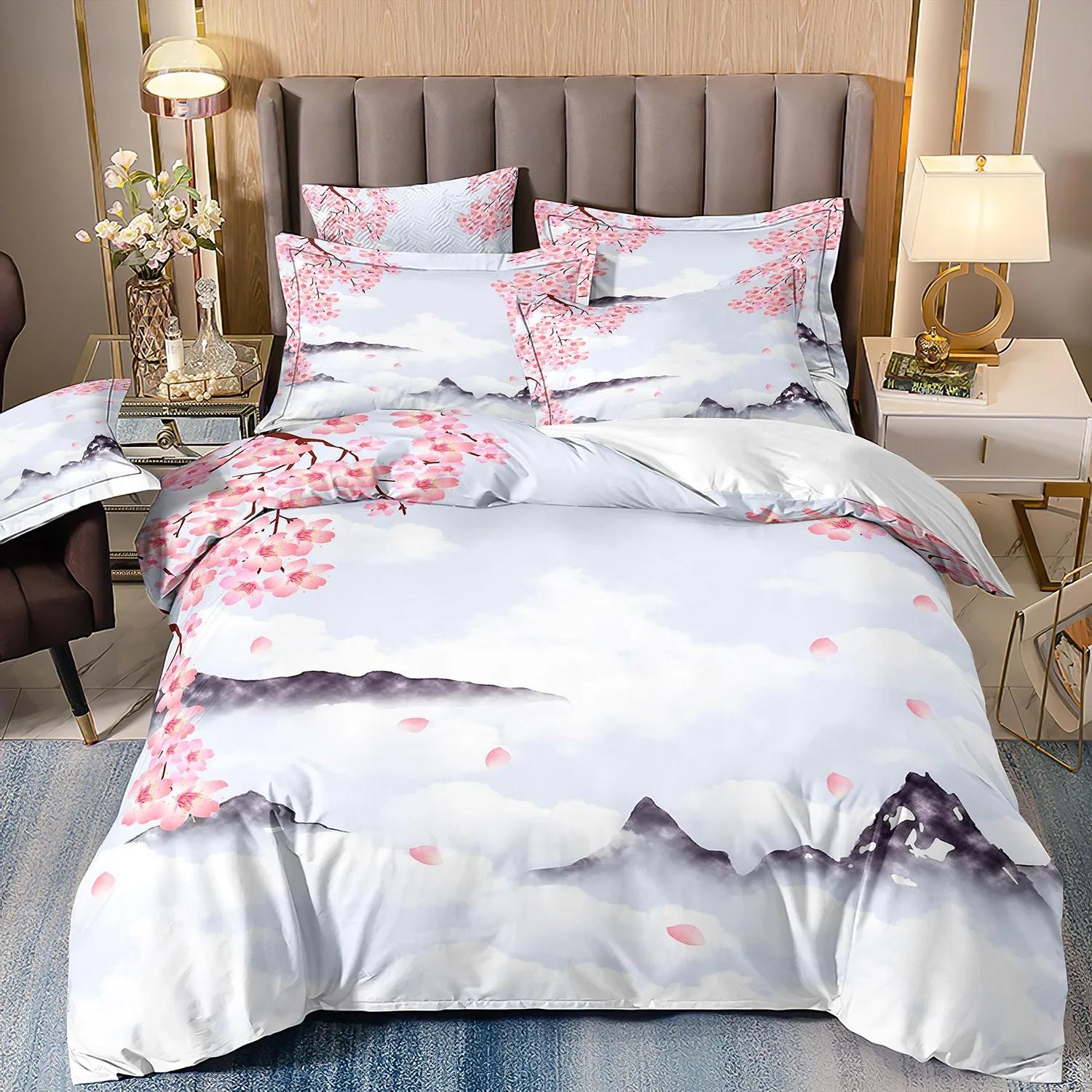 Lodestar Unisex Japanese-Style Duvet Cover Cherry Bedding Set Ukiyo-E Theme Wave Pattern Quilt Cover Mountain Exotic Style