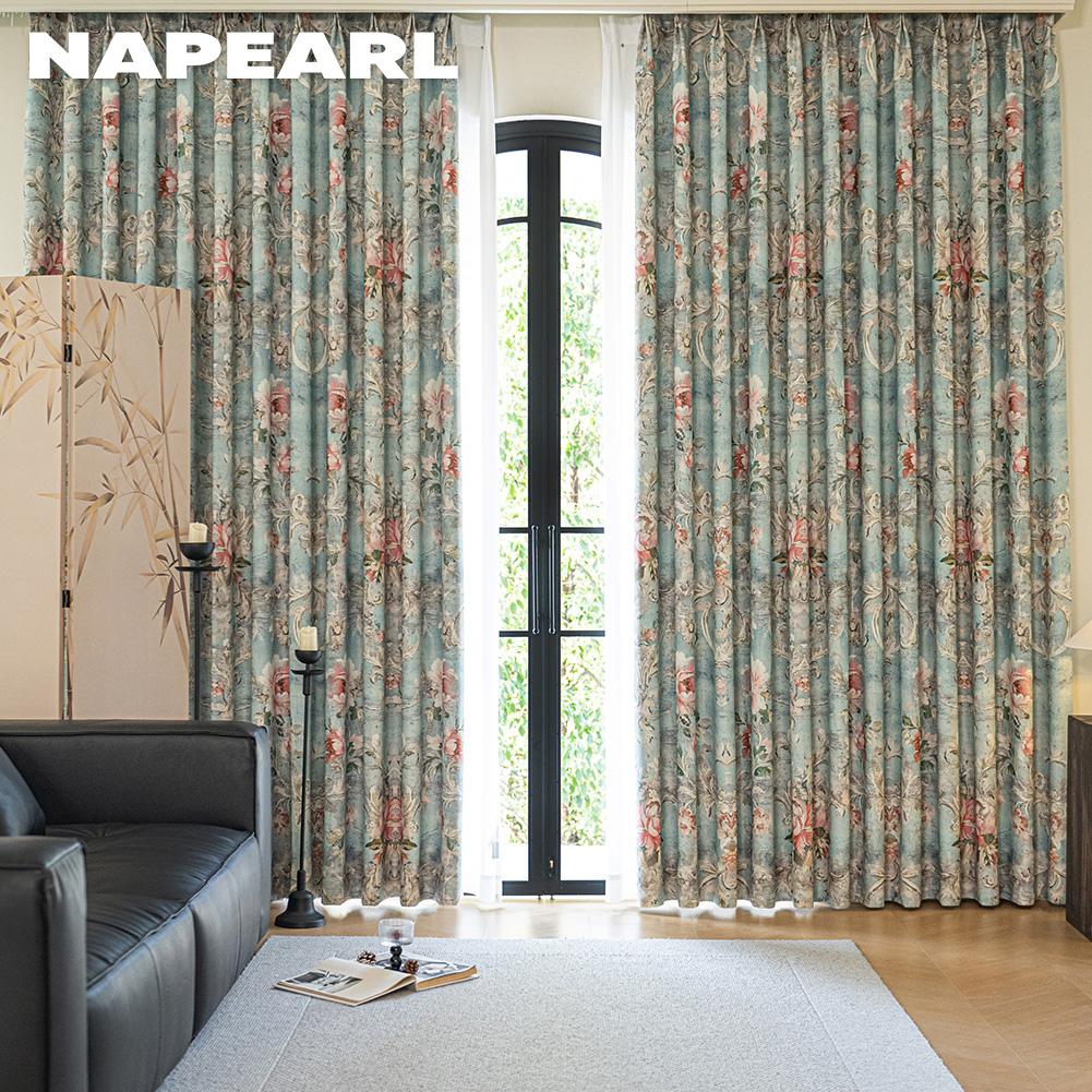1 Stück NAPEARL Französischer Idyllischer Stil Verdunkelungsvorhänge Blauer Grund Pfingstrosenmuster Vorhänge Dicke Vorhänge für Schlafzimmer Wohnzimmer Fenster für Heimdekoration