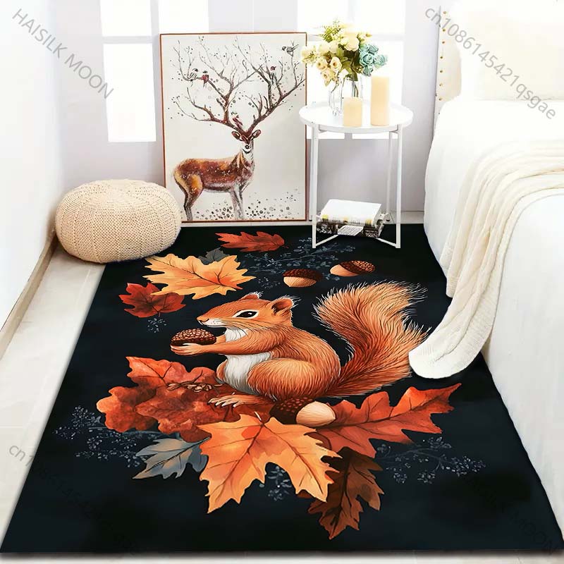 Multiple Sizes Autumn Leaves Squirrel Printed Carpet for Bedroom Living Room Bedside Sofa Floor Mat Modern Home Decor Area Rug