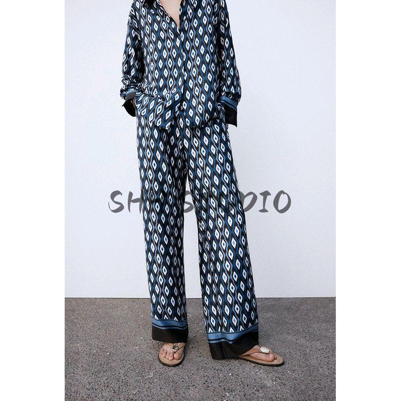 Spring New Women's Clothing Lapel Print Shirt 2329654 Geometric Pattern Printed Pants 2336655