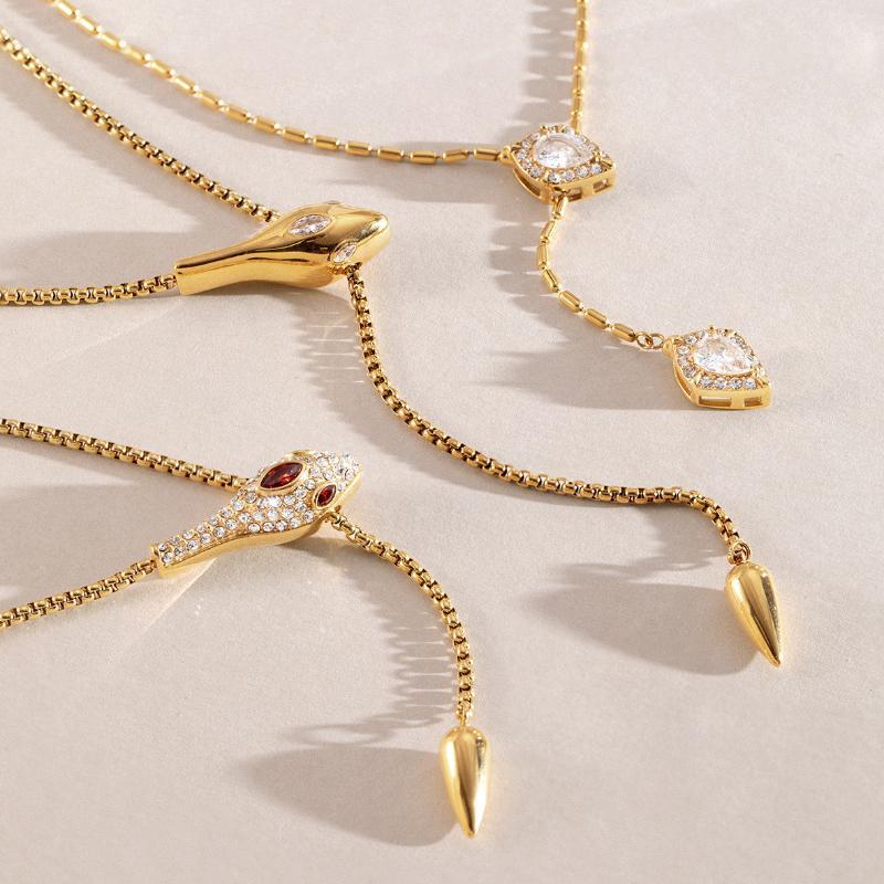 Luxury Snake Shape Zircon Adjustable Necklace For Women Gold Pvd Plated Stainless Steel Waterproof Jewelry