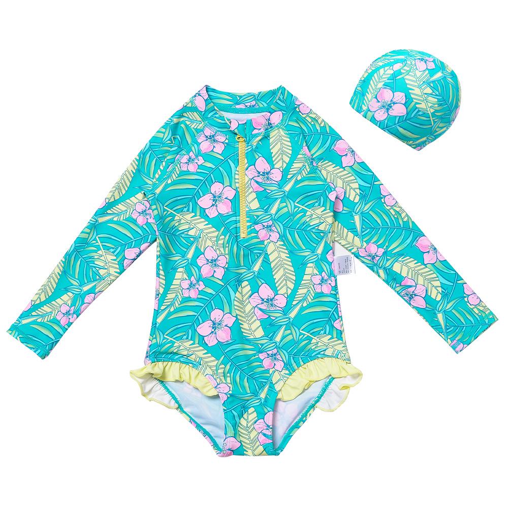 

Girls UPF50+ Tropical Leaf Long-Sleeve Swimsuit Set with Swim Cap - Quick-Drying Sun Protection for Children. 120 (Height 110cm, Up to 19kg)