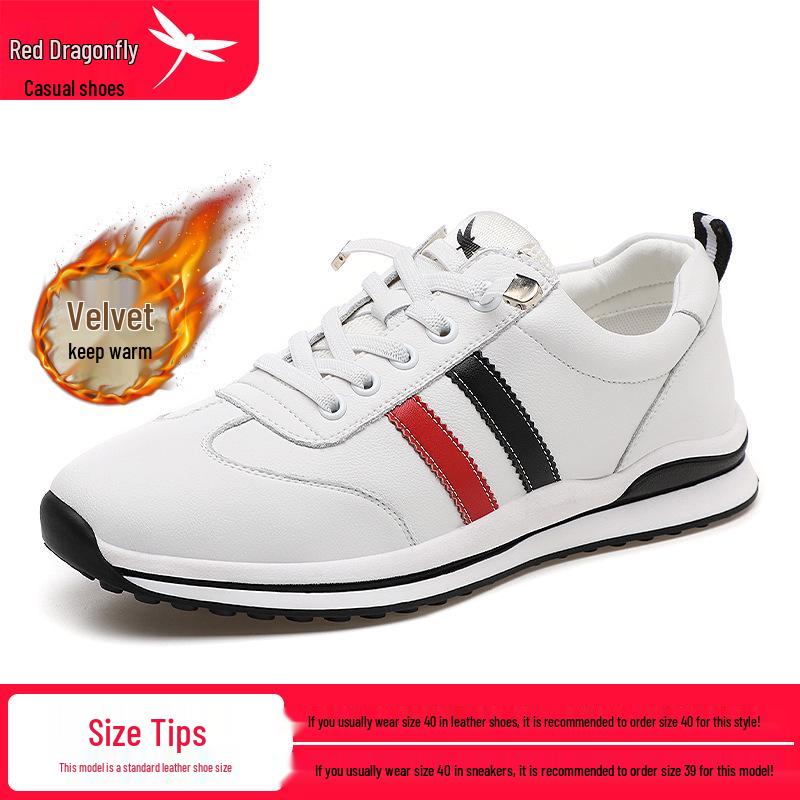 Red Dragonfly Women's Spring Sports Shoes - Soft Sole, Casual, White, Genuine Leather, Waterproof, Plus Velvet