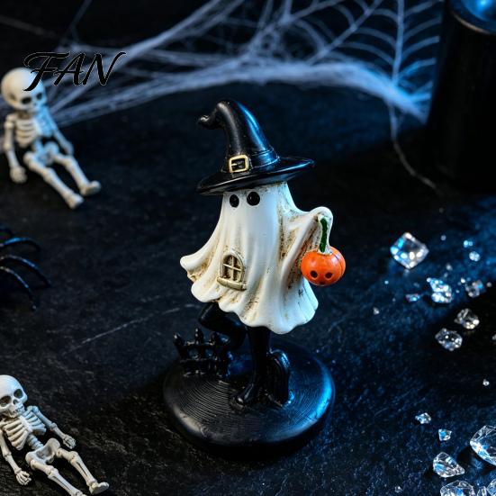 Hand Painted Resin Ghost Decor Halloween Figurine, Vintage Cute Holding Sturdy Statue Pumpkin Lantern for Indoor Home Table Retro