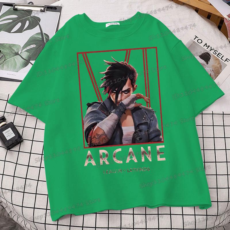 Arcane Vi Fashion Streetwear T-shirt for Men Women League of Legends Trending Clothes Jinx Anime Fans Gift Street Style Tshirts