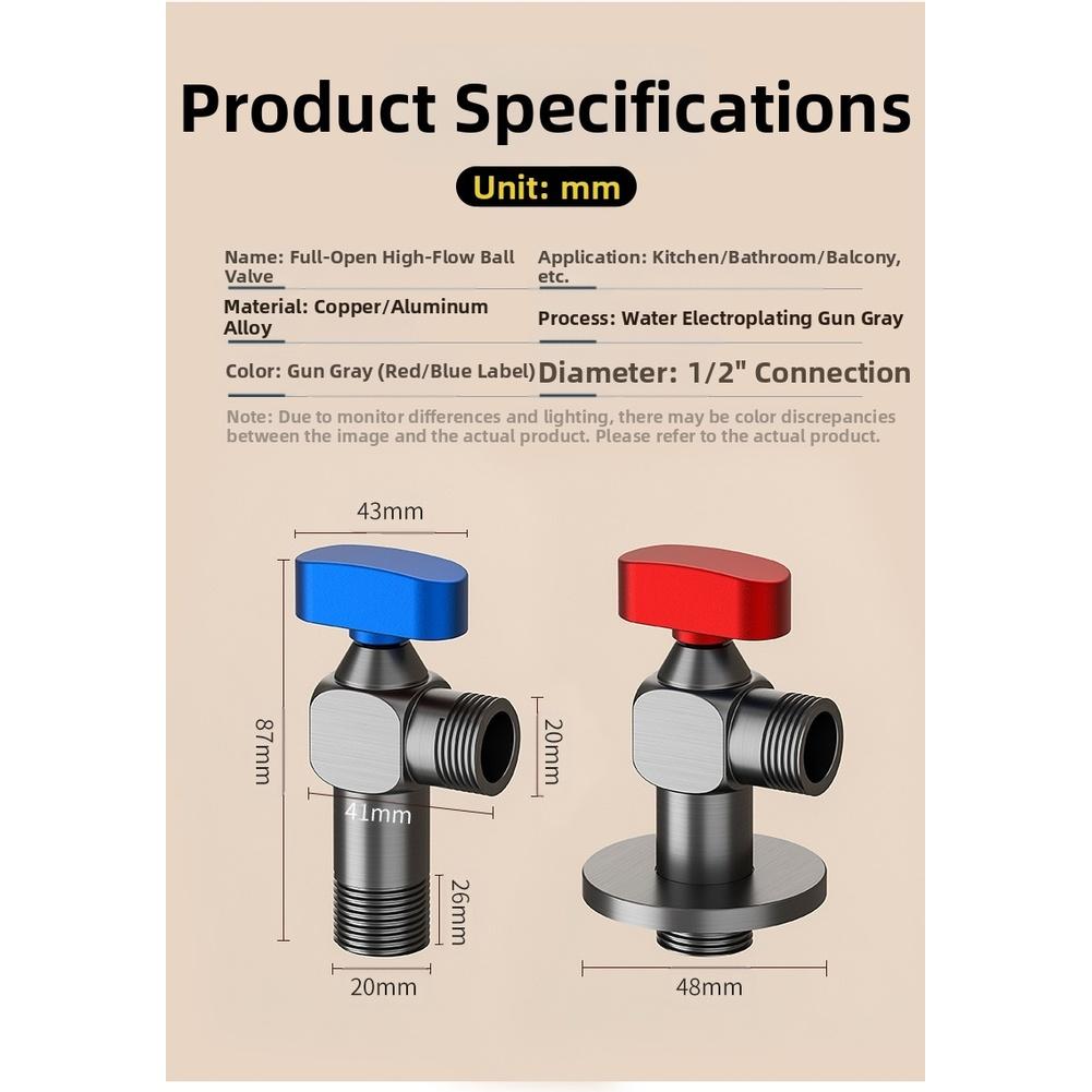 2 Angle Valve 4.1*4.3*8.7cm Large Flow Kitchens Bathrooms Large Flow Brass Ball Valve Full Open Hot Water Heater Control Valves
