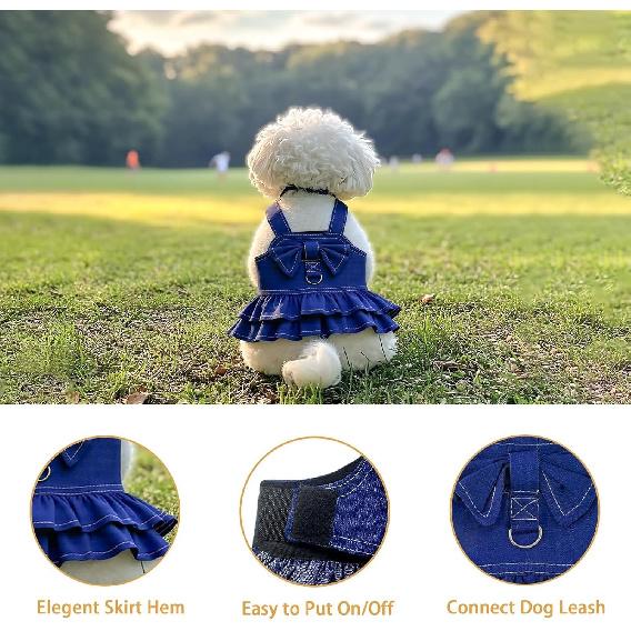 1 Pcs Cute Dog Dress Puppy Clothes with Bownot for Female Girl Small Dogs Outfits Harness for Outdoor Walking Birthday Party Denim Skirt L
