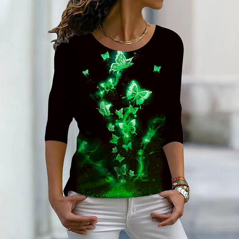 Women Autumn Tops Loose Blue Crystal Butterfly Print Causal Long Sleeve T-shirt Top Blouse