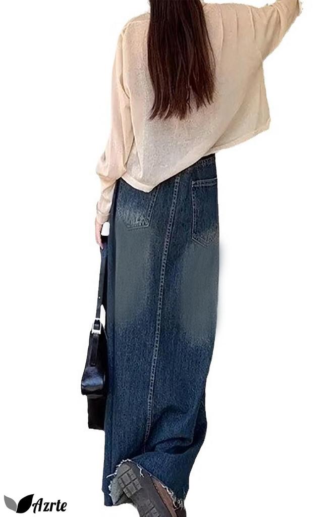 Azulte Denim Daily Long Size L Skirt, Casual, Trendy, All-Season, Vintage-Style, Leg-Lengthening, Casual, Wear, Maxi, Distressed, High-Waist, 310,