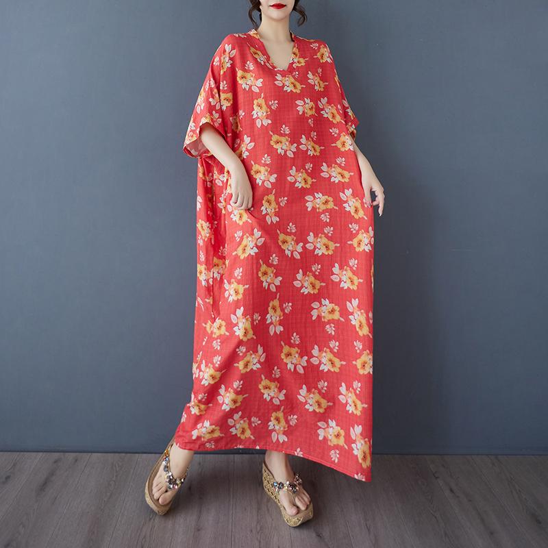 Dimanaf 2025 Plus Size Summer Women Floral Printing Long Dress Short Sleeve Vintage Casual Linen V-Neck Basic Loose Dress