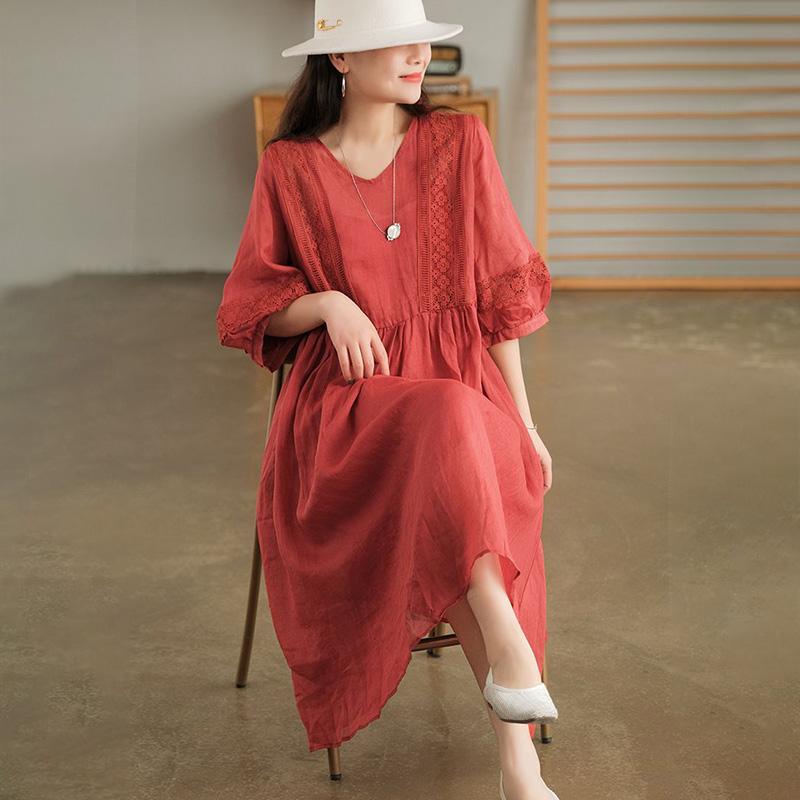 Cotton Linen Dress Women Summer Lace Oversize Swing Skirt Thin Short-sleeved Solid Color Dress Long Skirt