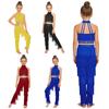 Conjunto de Dança Latina Salsa para Meninas Sem Mangas Costas com Tiras Camisa Cropped com Camadas e Franjas Calças com Cós Elástico e Franjas