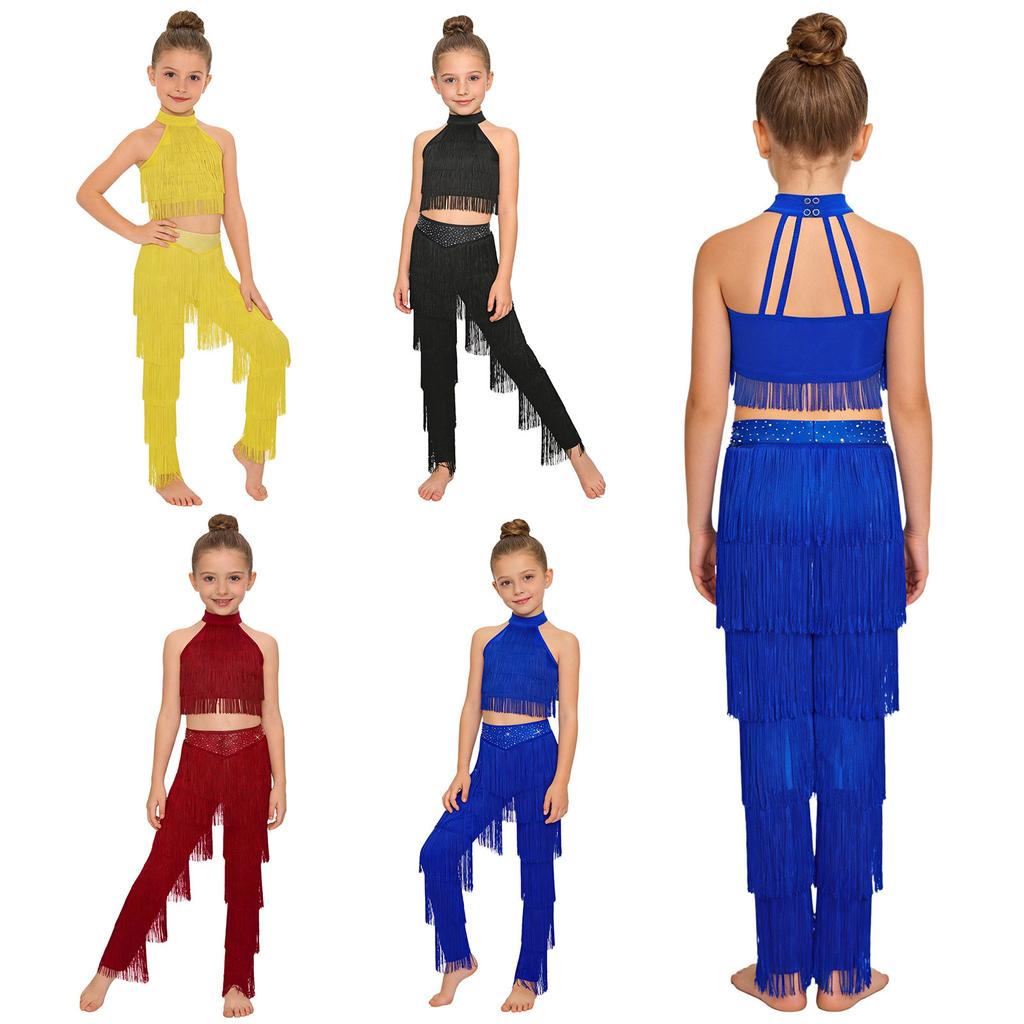 Children‘s Latin Dance Outfit Sleeveless Back Straps Crop Top Layered Tassels and Matching Elastic Waist Fringe Pants for Salsa Competition