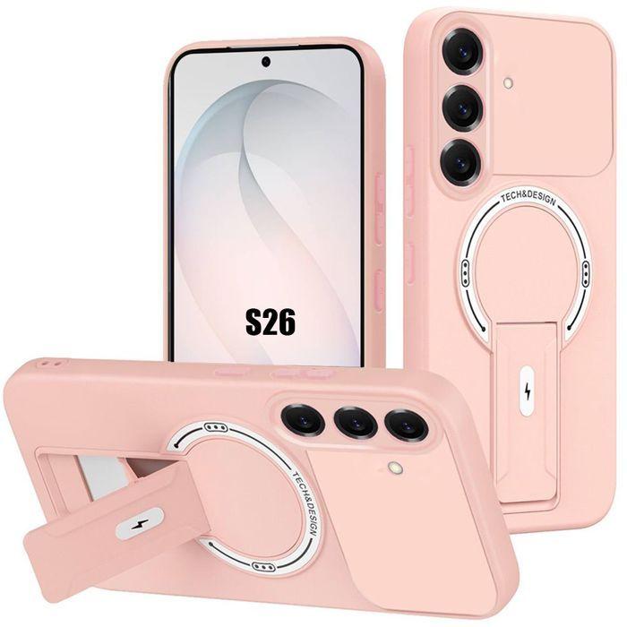 Coque pour Samsung Galaxy S26, Protection Silicone avec Support et Cercle Magnétique - Rose