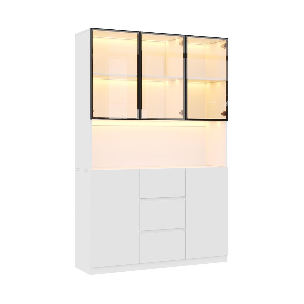 Vetrina in Vetro Illuminata a LED 120×40×200 cm – Vetro Temperato con Ripiani, Tre Cassetti e Due Ante, Versatile per Soggiorno e Sala da Pranzo
