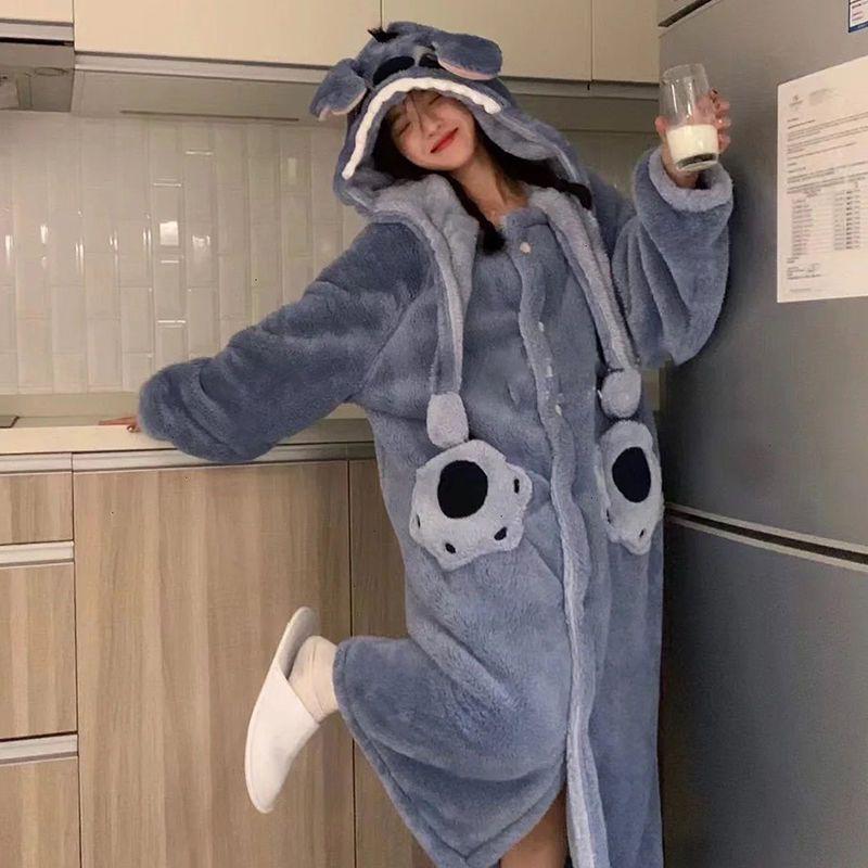 Stitch Cartoon Couple Pajamas - Autumn Winter Coral Fleece Long Robe Set for Men and Women