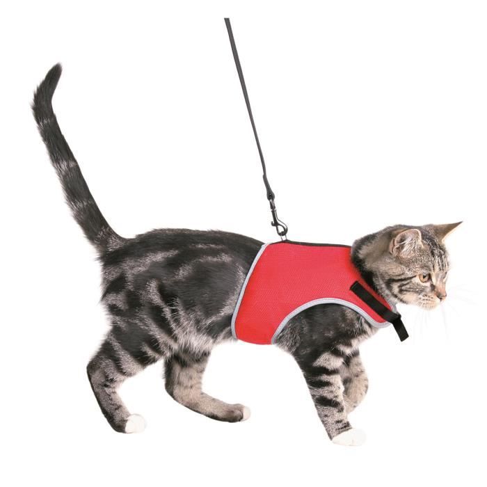 Harnais doux avec laisse - TRIXIE - Rouge et noir - Pour chat - Laisse extensible - Tissu
