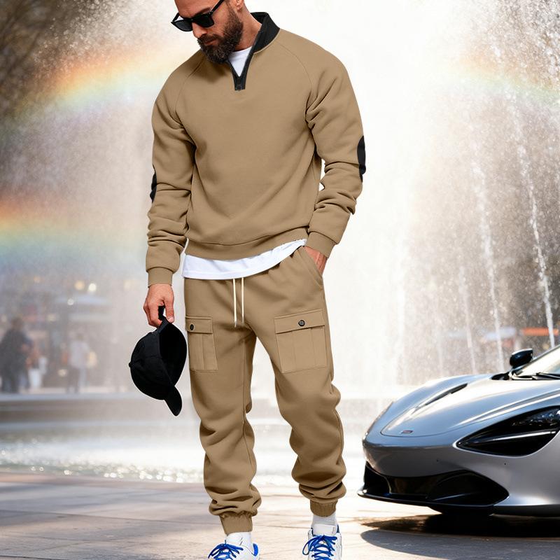 Fashionable Winter New Men's Velvet Loose Stand-up Collar Casual Versatile Solid Color Sweatshirt Overalls Sweatpants Suit