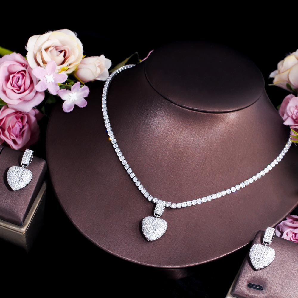 CMM CZ Zircon Brazilian Gold Color Heart Shape Pendant Necklace and Earring Fashion Women Wedding Party Jewelry Set