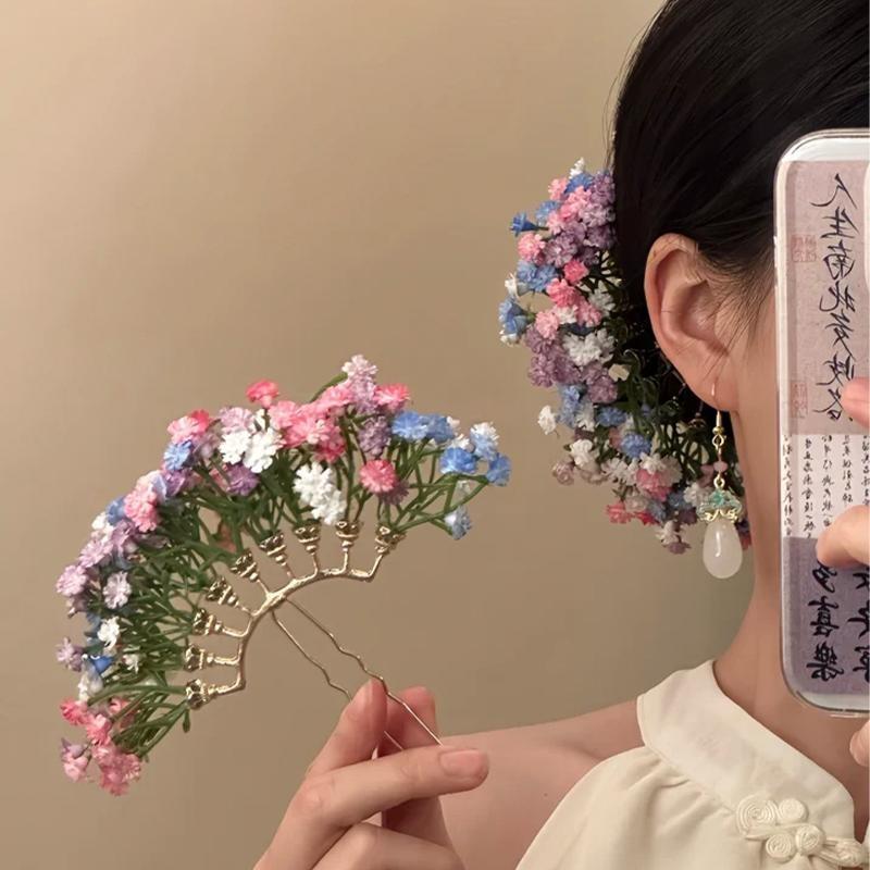 Handmade Floral Fan Hairpin Delicate Colorful Flower Design Anti-Slip Traditional Hair Accessory for Hanfu Travel Photo Shoots
