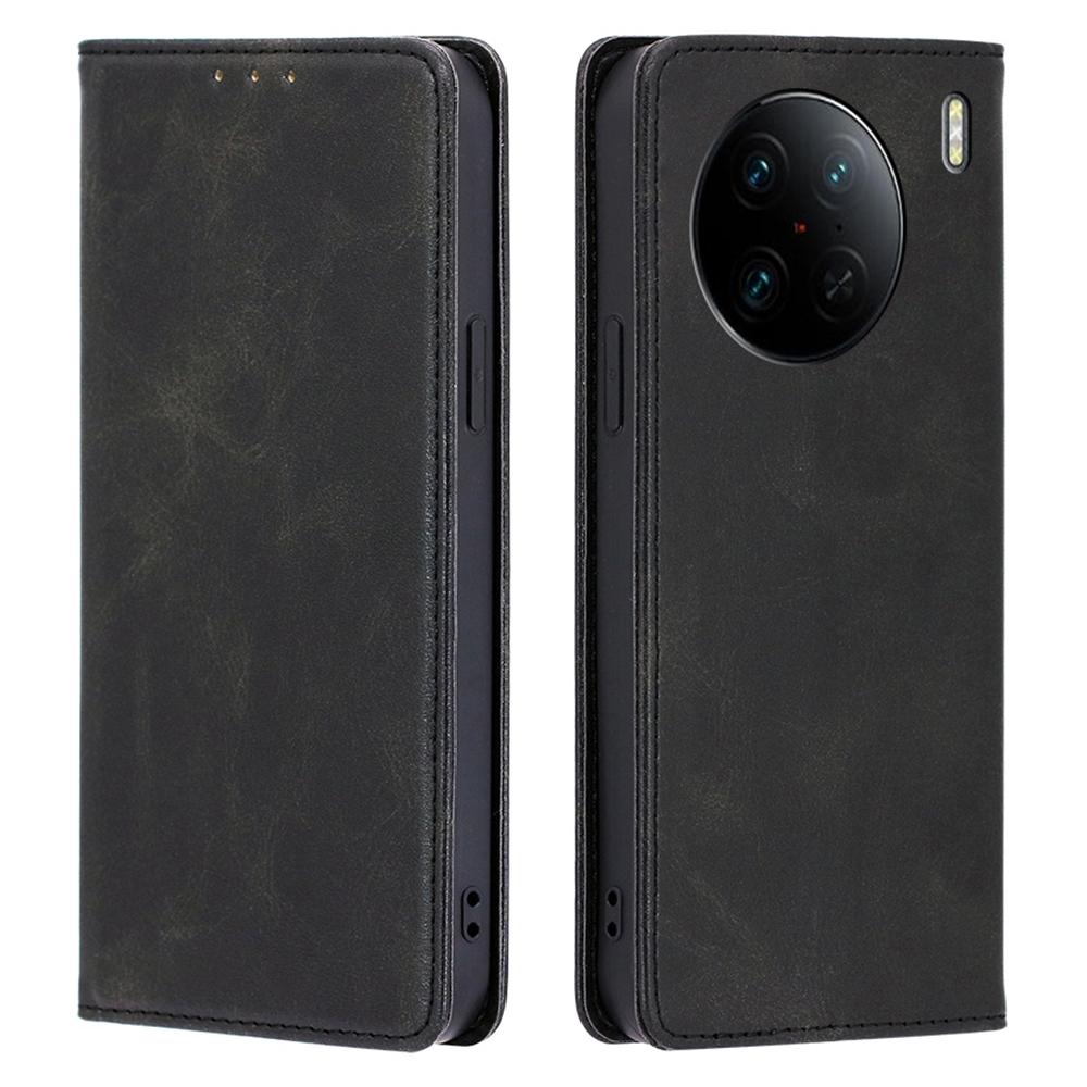 

For vivo X90 Pro 5G Calf Texture PU Leather Magnetic Auto-absorbed Phone Case Full Protection Inner TPU Cover with Wallet Stand Black