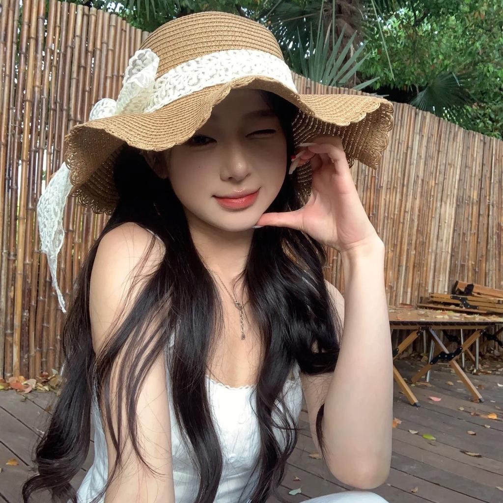 Lace straw hat women's summer bow large brim sunshade sun hat seaside vacation beach sun hat