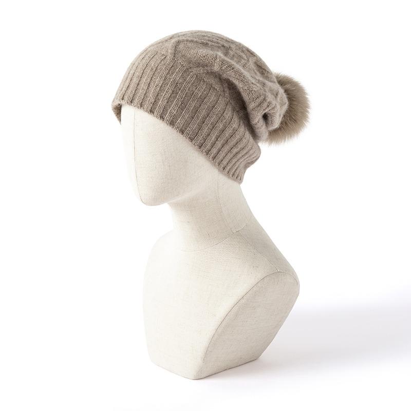 Women 100% Pure Cashmere Beanie Hat Pom Pom Detail Cable Knit Winter Warm Soft Slouchy Skullies Cap Cold Weather Accessory