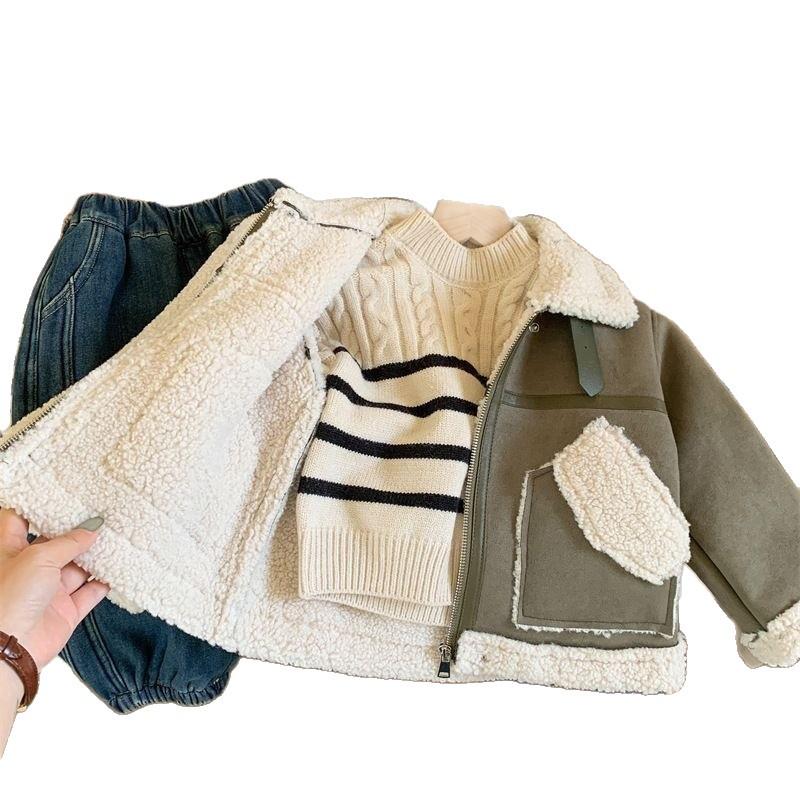 Motorradjacke für Jungen mit Fleecefutter und Pelzbesatz - Dicke Lammwoll-Winterjacke für Kleinkinder und Kinder