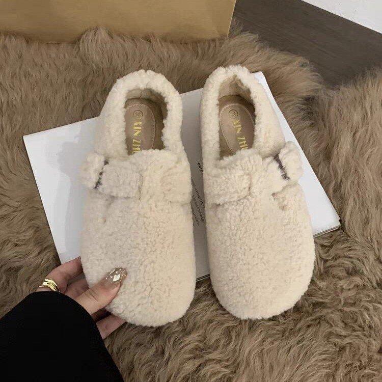 Inner heightening thick-soled lamb wool shoes for women to wear outside in winter, warm and velvet Boken shoes, one pedal, Doudou cotton shoes