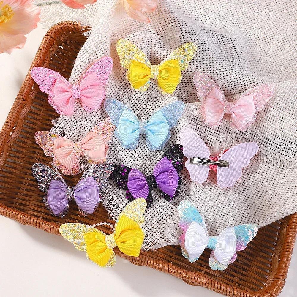 RAINBOW BOWS 3.15'' Glitter Butterfly Hair Clips for Women Girls Hairpins Children Cute Barrettes Kids Head Accessories 2Pcs/lot