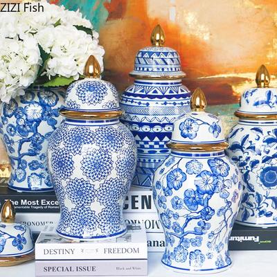 Jarra de Jengibre de Porcelana Azul y Blanca Chapada en Oro con Tapas Cerámica Frascos Generales Tetera Retro Floreros Decoración de Escritorio