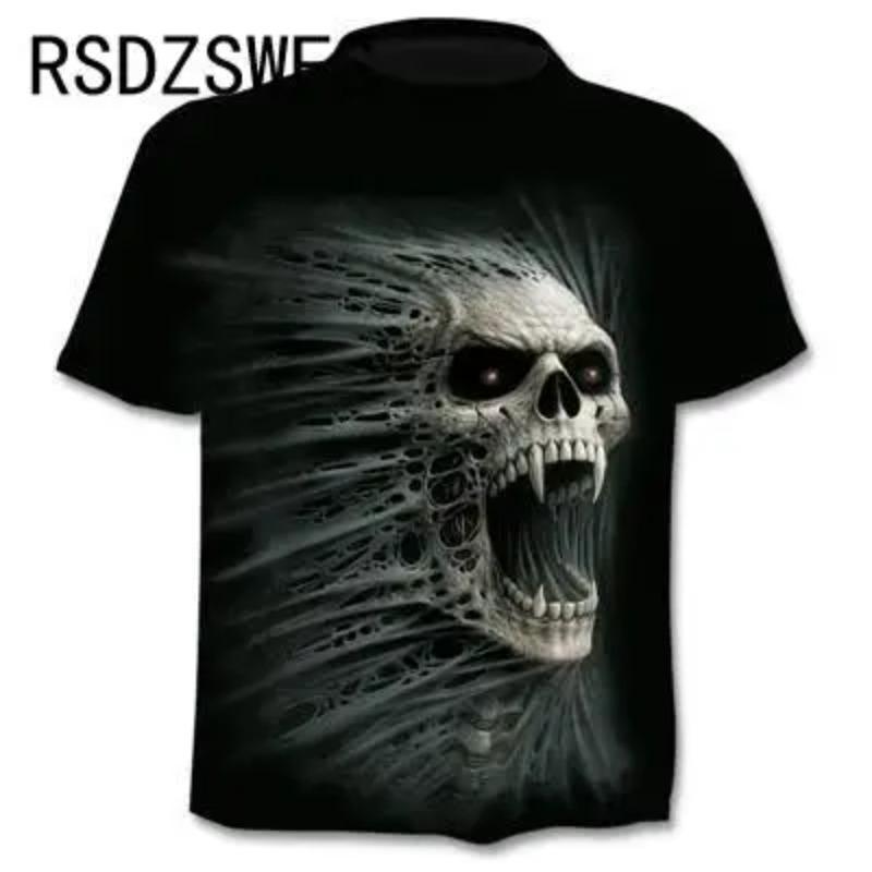 Round Neck 3D Skull Printed Top Fashionable Casual Short Sleeved Men's T-shirts - Soft Medium Stretch Polyester Fabric Summer Relaxed Fit Clothing