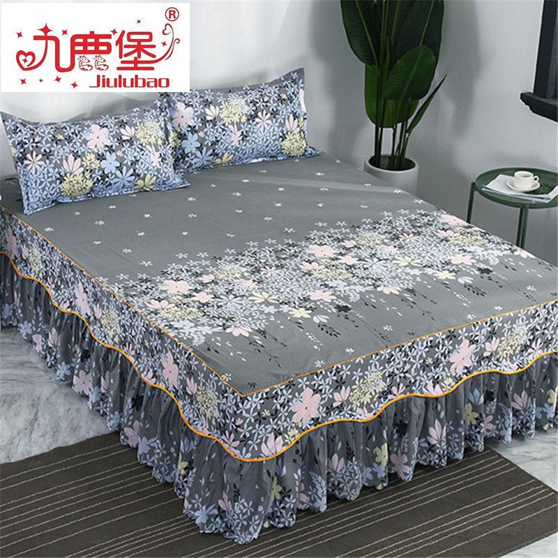 3PCS Bed Skirt Flower Printed Fitted Sheet Cover Home Graceful Bedspread Bed Linens Bedroom Decor Mattress Cover Pillowcase