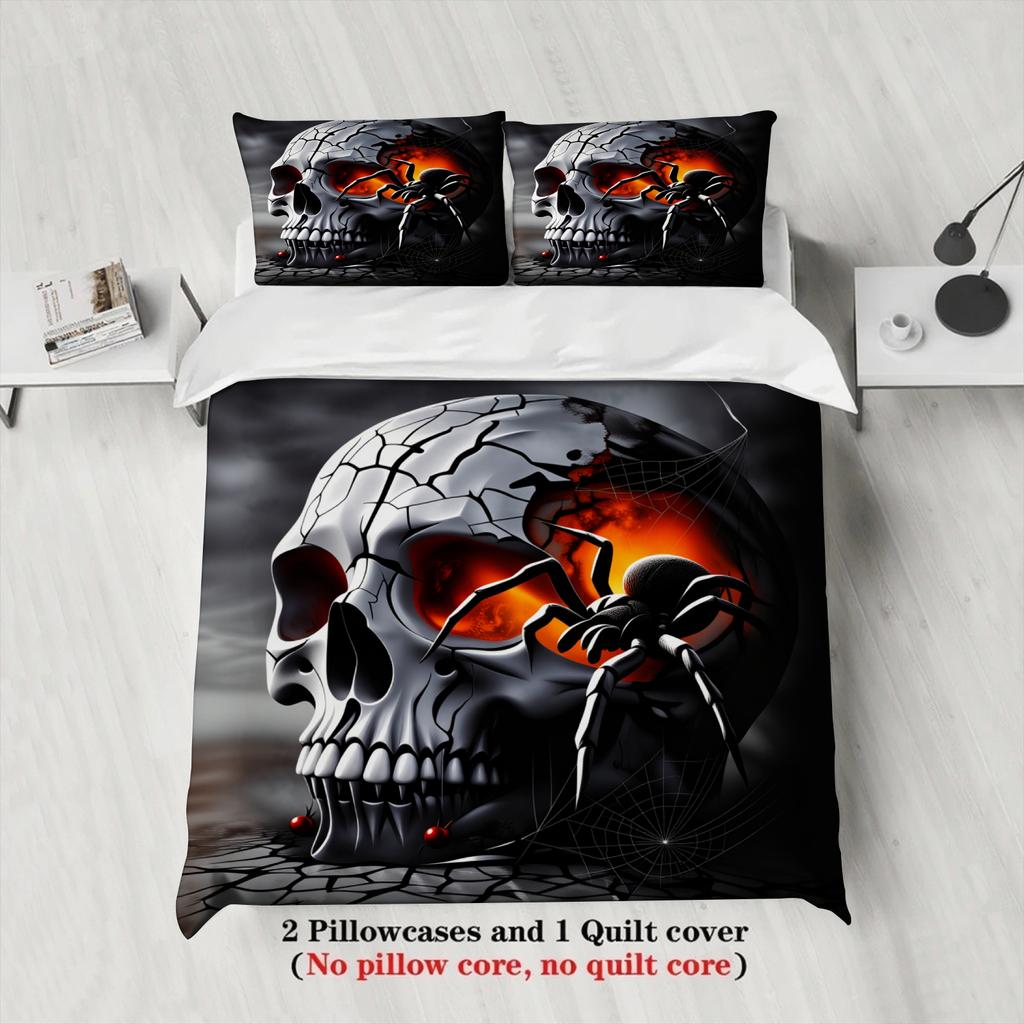 King Queen Bedding Set With Comforter Bed Sets Full Size Cool Skull Spider Printed 3PCS Goth Bedding for Teen Boys Room Decor