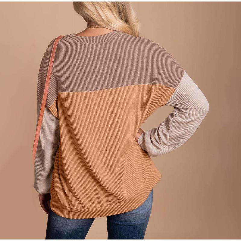 Women Fashion Color Block Long Sleeve O-neck Knitted Ribbed Casual Loose Pullovers